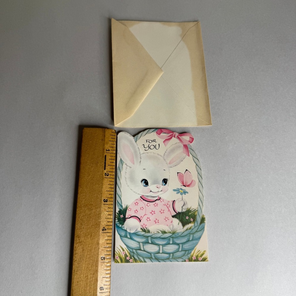 Vintage Norcross Easter Card Bunny Rabbit in Basket Mid Century Unused 5E454